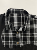 Men's Spring/Autumn Vintage Black and White Checkered Patchwork Long-Sleeve Shirt, Niche Irregular Color-Block Design, Trendy Brand Loose Short Fashion Shirt, Suitable for Daily Casual, Commuting, and Travel - Black
