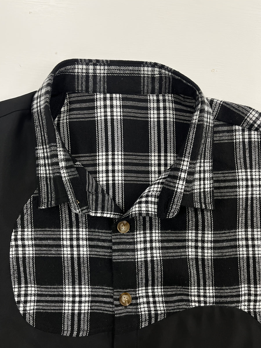 Men's Spring/Autumn Vintage Black and White Checkered Patchwork Long-Sleeve Shirt, Niche Irregular Color-Block Design, Trendy Brand Loose Short Fashion Shirt, Suitable for Daily Casual, Commuting, and Travel - Black