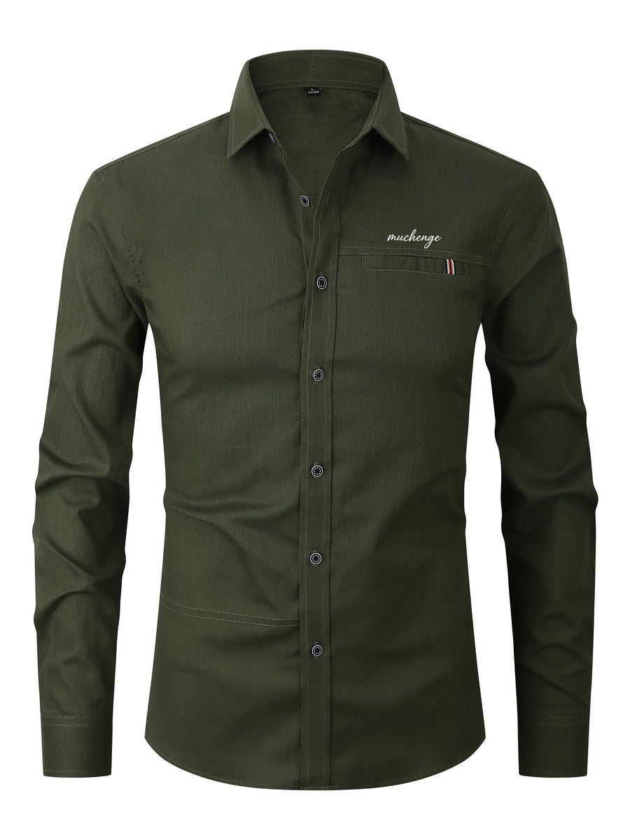 Men'S Casual Shirt, Spring/Autumn Style Linen-Like Collar Long Sleeve Versatile Solid Color Shirt, Minimalist Letter Print on Chest, Slim Fit Slimming Business Casual Top, Youth Daily Commute Versatile Men'S Clothing - Olive Green