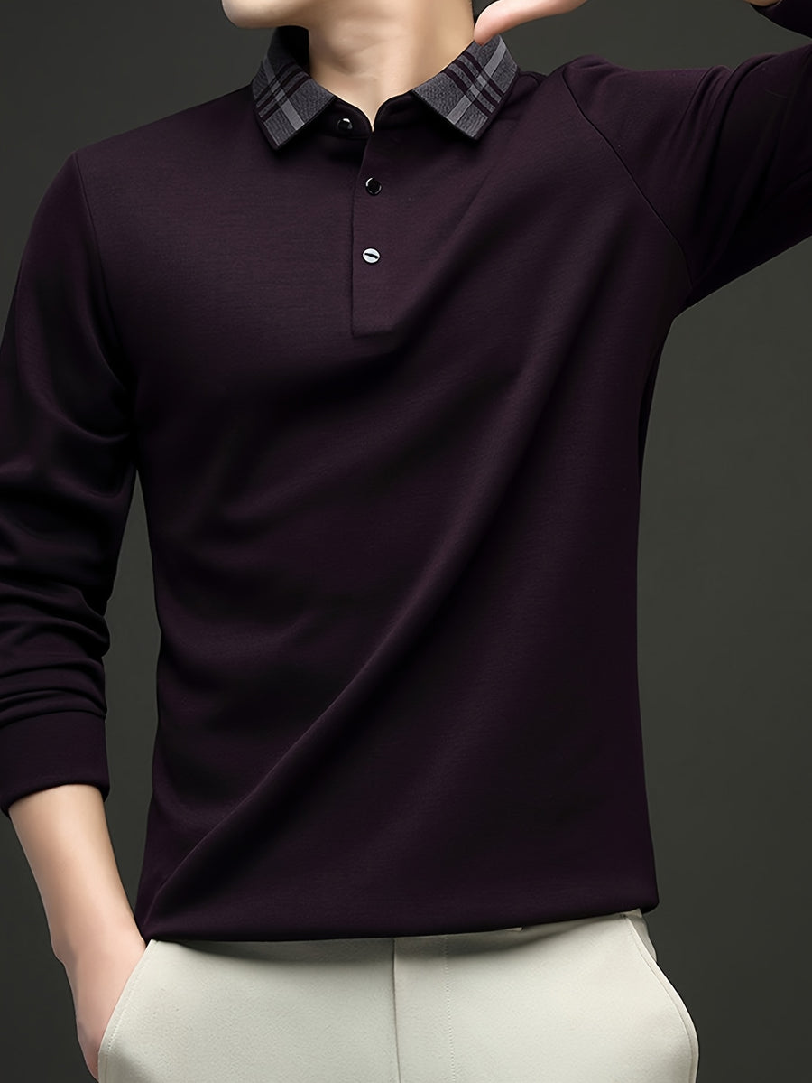 Men'S Plaid Lapel Long Sleeve Polo Shirt, Plaid Contrast Collar Design Middle-Aged Business Casual Navy Purple Optional Top - Purple