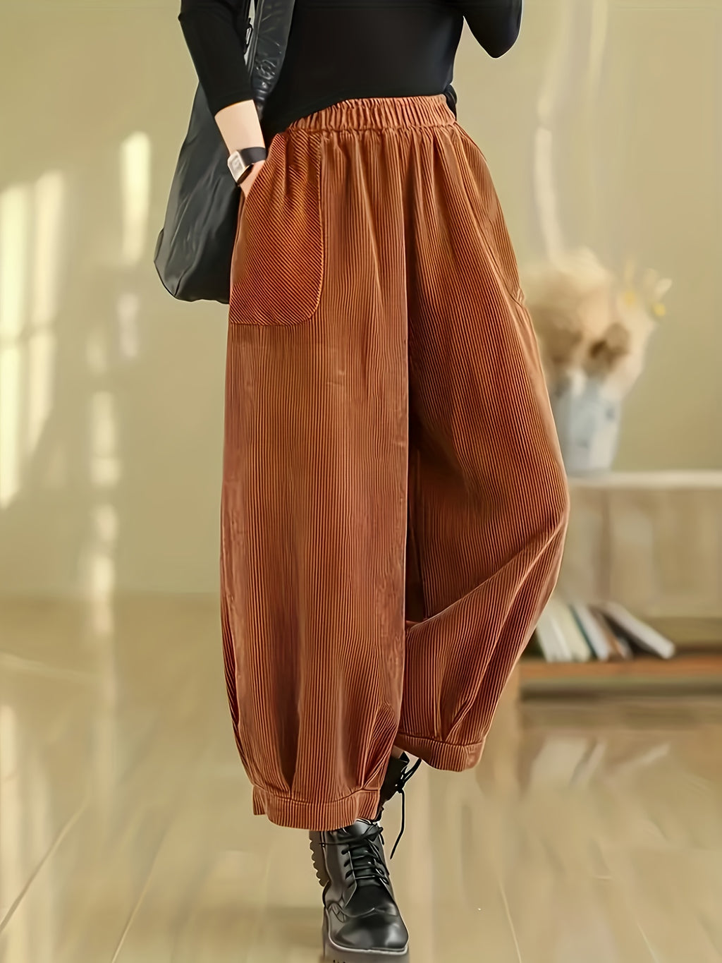 Plus Size - Plus Size - Women'S Plus Size Autumn And Winter Casual Retro Corduroy Cropped Pants, Versatile And Fashionable Loose Fit, Casual Style with Pockets, Comfortable to Wear in All Seasons, High-Waisted Pants - Bronze