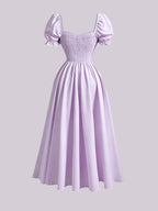 Ladies' New Spring And Summer Elegant Floral Print Long Dress, Bubble Sleeve Design, Front Waist Tie, Back Waist Shirred Waist, Elegant And Flowing, Romantic Long Dress, Suitable for Daily Wear, Party Gatherings, Vacation Holidays - Pure Light Purple