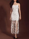 Western Style White Bandeau Dress, Intricate 3D Embroidered Floral Tassel Mesh Skirt, Beach Vacation Birthday Banquet Battle Dress, High-End Temperament Long Dress - Ivory White