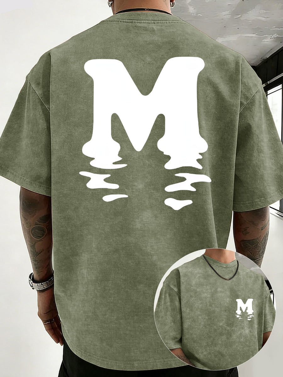 Unisex 100% Cotton Washed Vintage Crew Neck Short-Sleeve T-Shirt, Double-Sided Position Print, Trendy Loose Casual Top, 12 Colors Available - Military Green