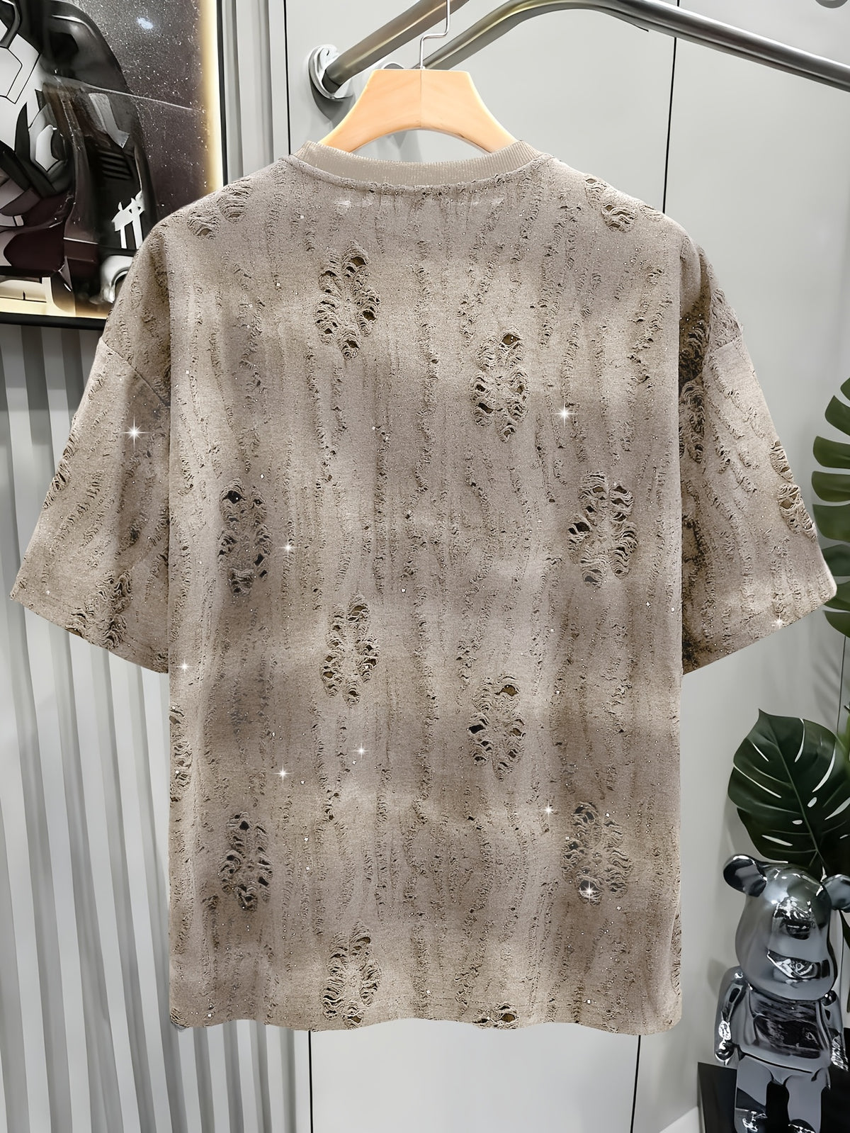 Textured Short Sleeve T-Shirt Black TUNNEL Letter Print Casual Street Style - Khaki