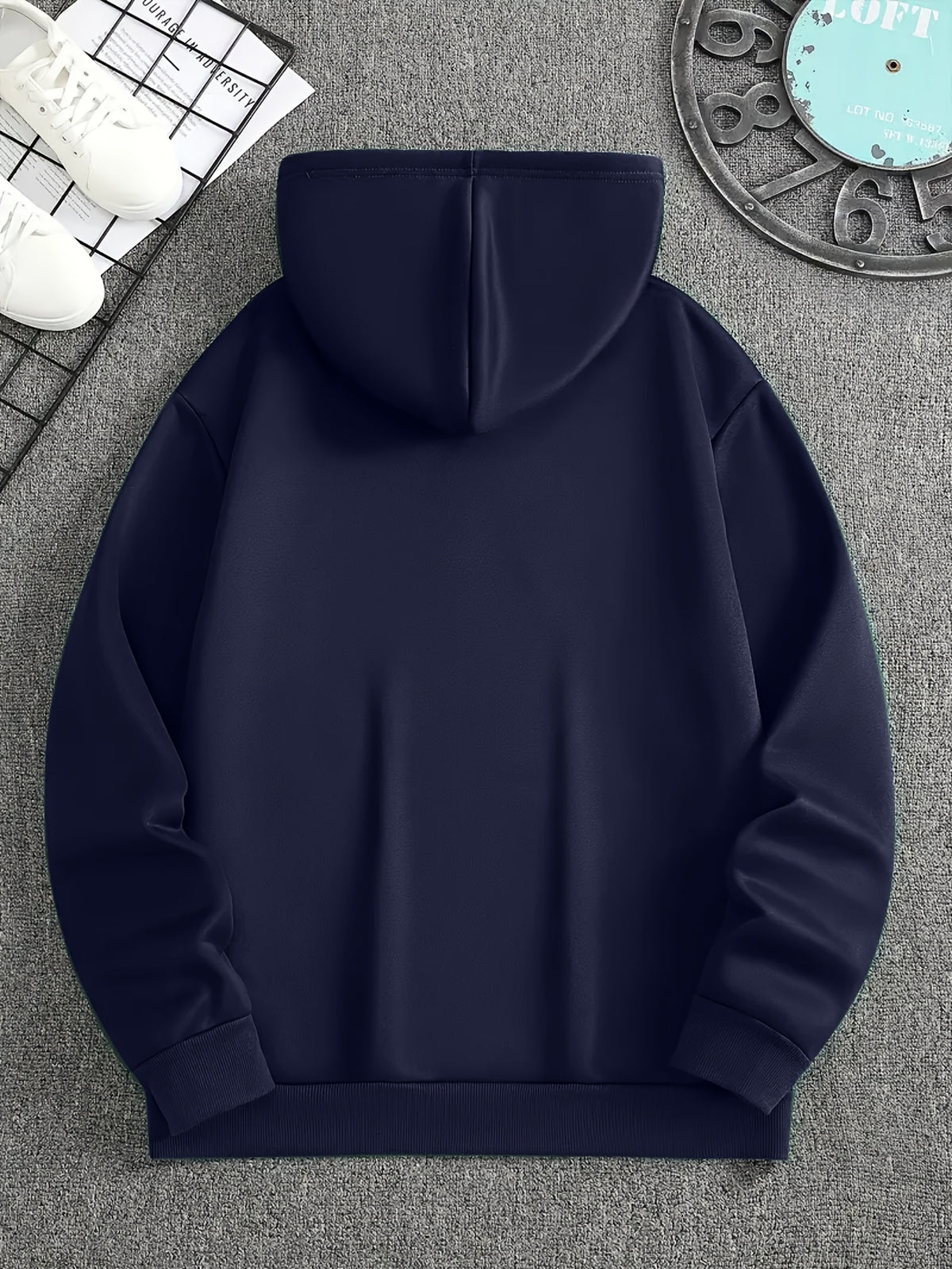 Minimalist Style Boston Letter Print Men'S Hooded Sweatshirt Regular Fit, Casual Long Sleeve Pullover - Navy Color