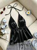 1pc Solid Color Spring Summer Beach Vacation Casual Satin Ruffled Cami Top - Black