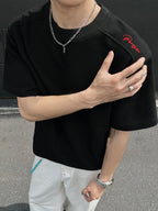 Men's Casual Sports T-shirt, a Fashionable and Trendy Men's T-shirt Featuring  Embroidery, Simple and Versatile Solid Color with a Round Neck and Short Sleeves. The Loose Fit Offers Comfort with Slightly Stretchy Fabric, Ideal for Daily Casual Wear - Black