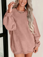 Women's Versatile, Casual-chic Round-neck Sweatshirt; Autumn Top; Fashionable Corduroy Long-sleeve Top for Work and Casual Attire; Loose Fit for Comfort, Soft Against the Skin, and Warm Without Looking Bulky; Simple Round Neckline with a Versatile - Pale Pinkish Gray