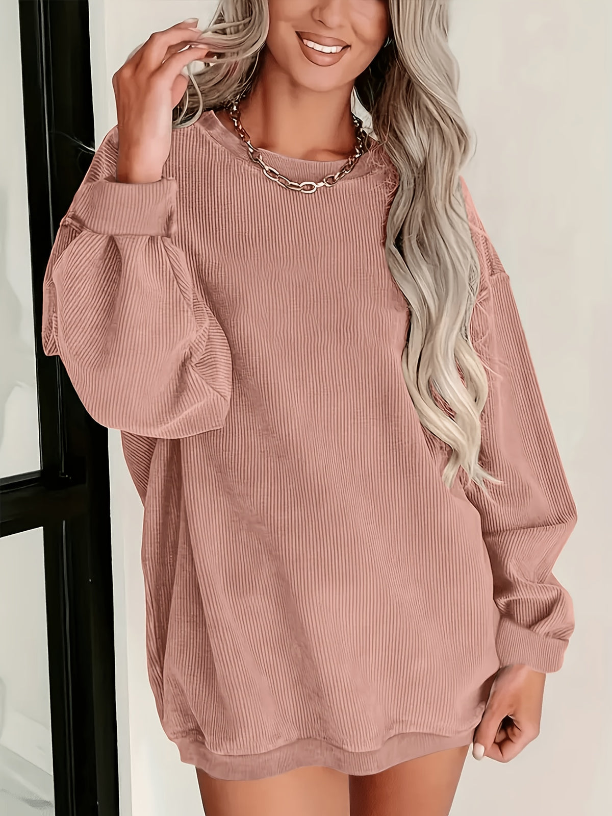 Women's Versatile, Casual-chic Round-neck Sweatshirt; Autumn Top; Fashionable Corduroy Long-sleeve Top for Work and Casual Attire; Loose Fit for Comfort, Soft Against the Skin, and Warm Without Looking Bulky; Simple Round Neckline with a Versatile - Pale Pinkish Gray