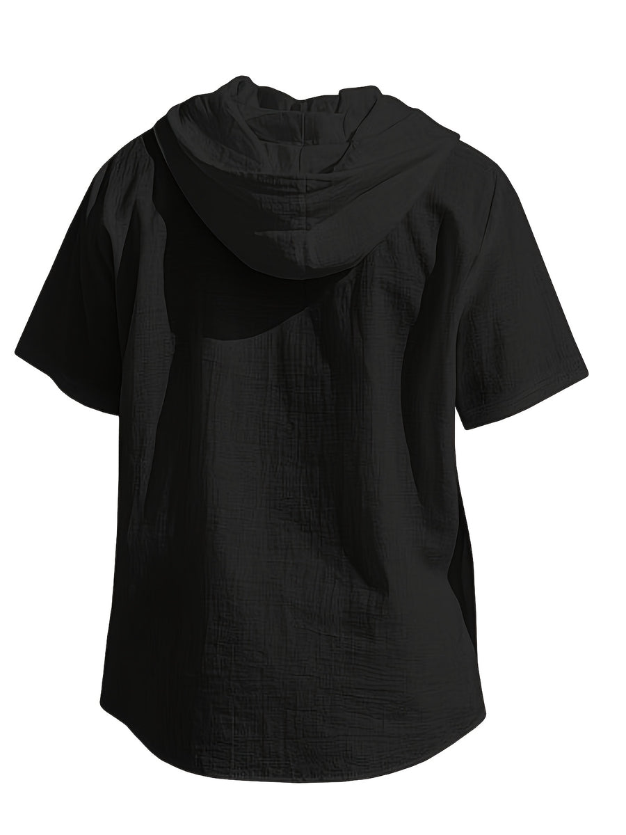 Men's Short Sleeve Hooded Shirt, Casual Button Hoodie Top with Chest Pocket, Lightweight Breathable Summer Shirt for Beach Vacation, Travel, Resort Wear, Outdoor Leisure, Streetwear Style and Daily Casual Outfit - Black