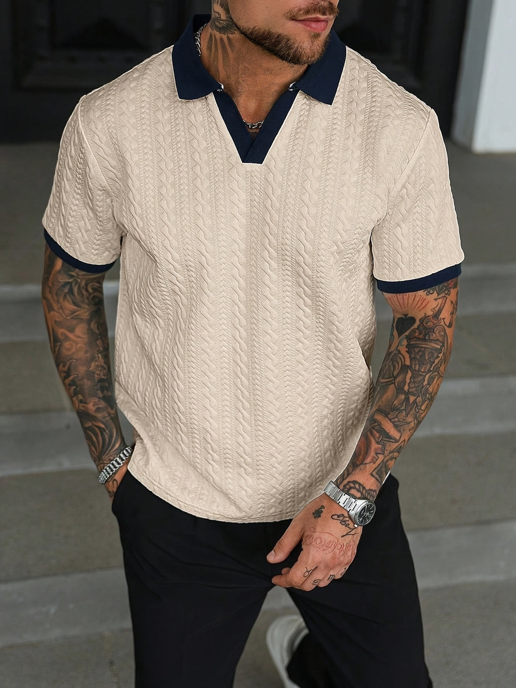 Men's Color-Block Short-Sleeve Casual Commuter Polo Shirt, Men's Knit Polo Shirt, Cream-Colored Polo Shirt, Men's V-Neck Knitwear, Men's Short-Sleeve Sweater, Polo, Men's Textured Polo Shirt, Old Money Style - Khaki