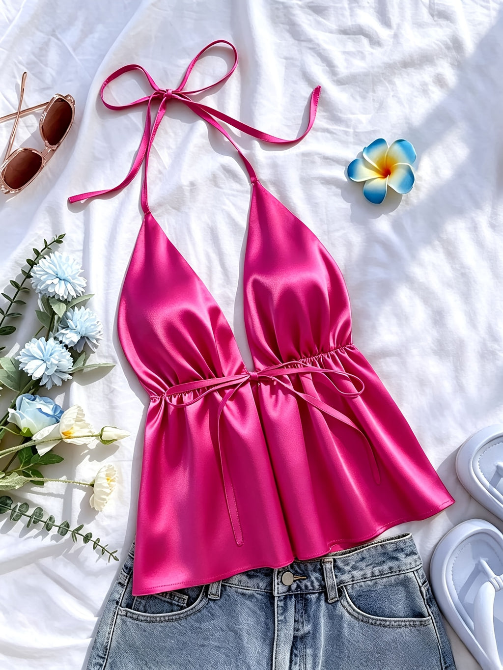 1pc Solid Color Spring Summer Beach Vacation Casual Satin Ruffled Cami Top - Rose Red