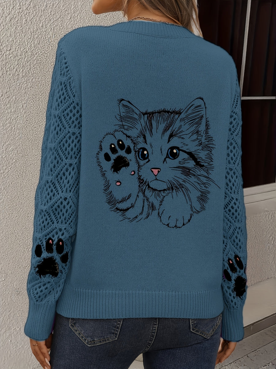 Vintage Cat Paw Print Hollow-Out Long Sleeve Round Neck Sweater, Casual Lazy Style Sweater Top. Non-shrink, Colorfast, Moderate Thickness Sweater. Suitable for All Seasons as Outerwear or Innerwear, Casual Outings, Home Office. Fashionable and - Navy Color