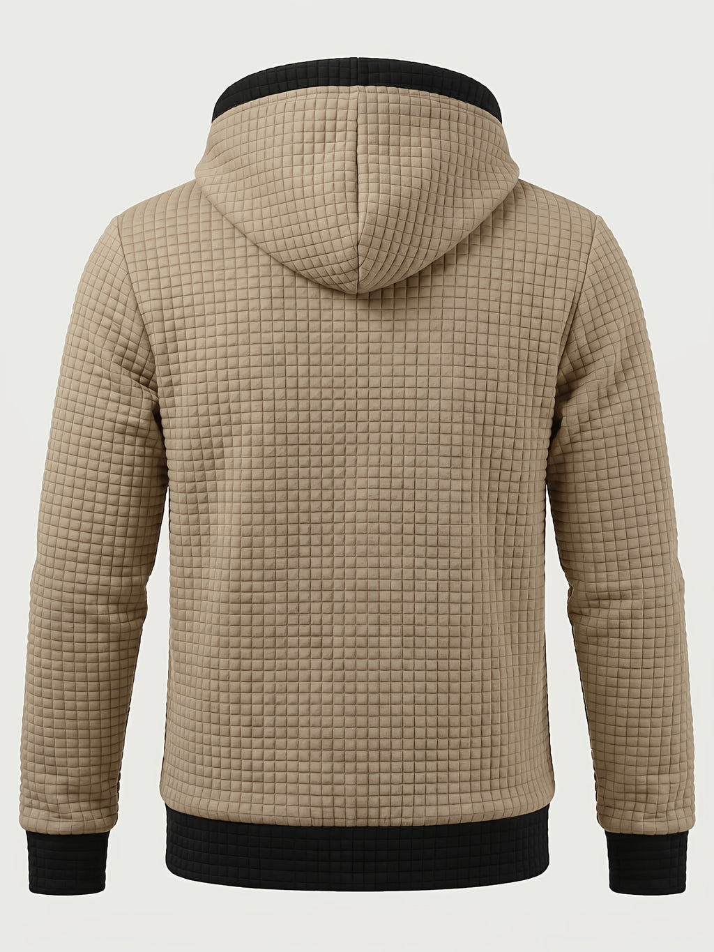 Autumn/Winter Men's Thickened Jacquard Long-Sleeve Open Cardigan Jacket, Hooded Fashionable Checkered Jacquard Textured Fabric, Comfortable Outerwear Suitable for Daily Outings, Outdoor Sports, Travel, and Vacations. Lightweight and Comfortable - Khaki