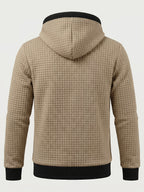Autumn/Winter Men's Thickened Jacquard Long-Sleeve Open Cardigan Jacket, Hooded Fashionable Checkered Jacquard Textured Fabric, Comfortable Outerwear Suitable for Daily Outings, Outdoor Sports, Travel, and Vacations. Lightweight and Comfortable - Khaki