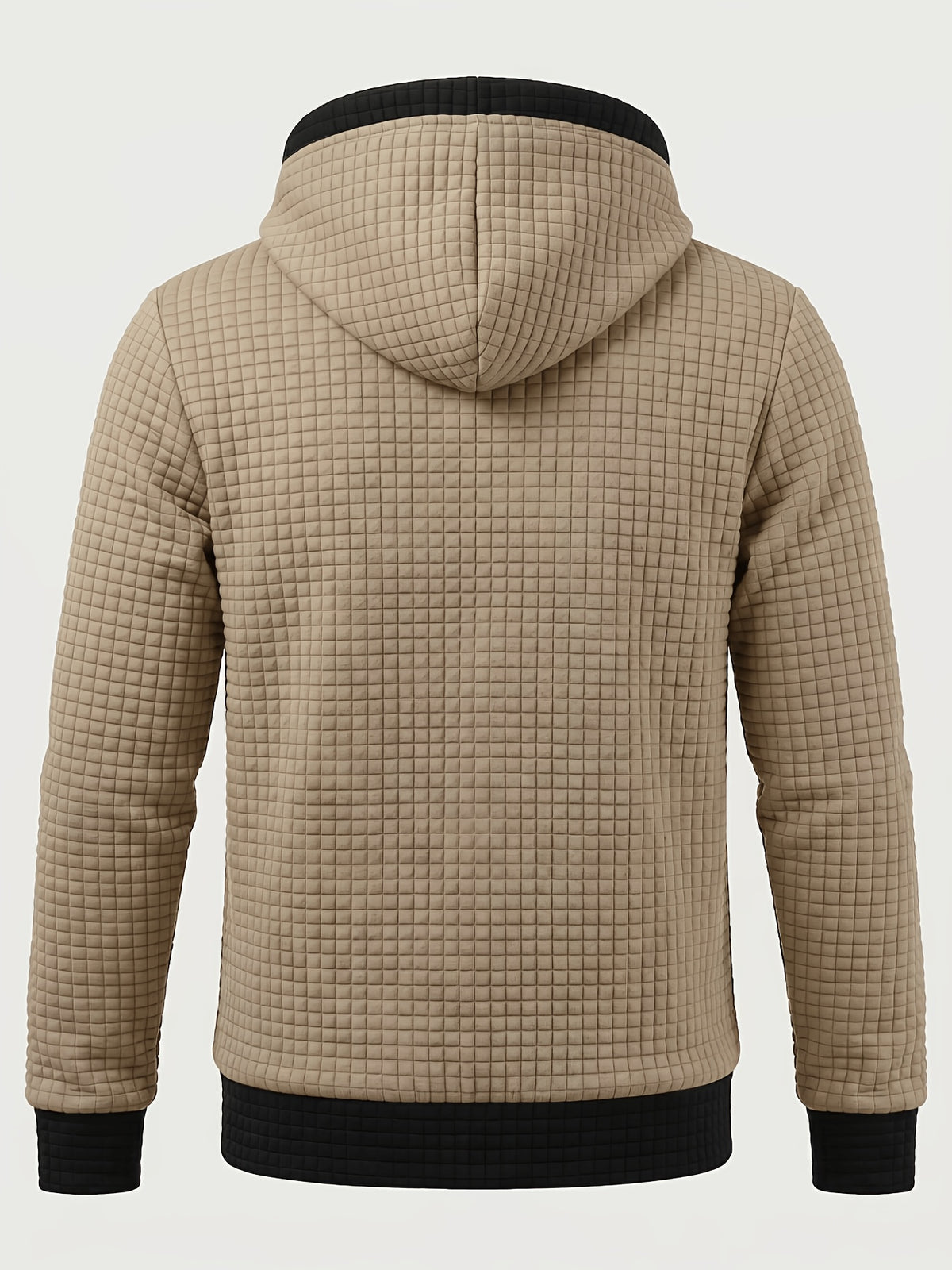 Autumn/Winter Men's Thickened Jacquard Long-Sleeve Open Cardigan Jacket, Hooded Fashionable Checkered Jacquard Textured Fabric, Comfortable Outerwear Suitable for Daily Outings, Outdoor Sports, Travel, and Vacations. Lightweight and Comfortable - Khaki