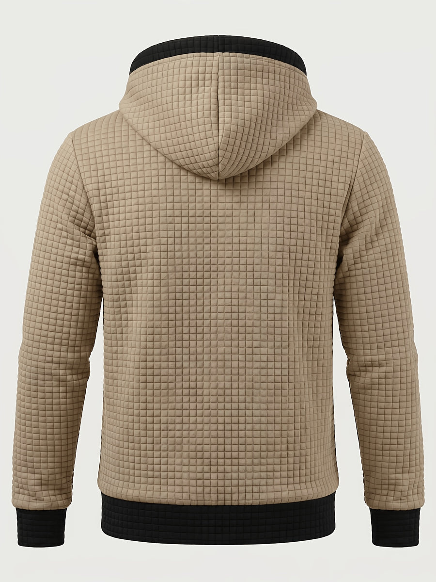 Autumn/Winter Men's Thickened Jacquard Long-Sleeve Open Cardigan Jacket, Hooded Fashionable Checkered Jacquard Textured Fabric, Comfortable Outerwear Suitable for Daily Outings, Outdoor Sports, Travel, and Vacations. Lightweight and Comfortable - Khaki