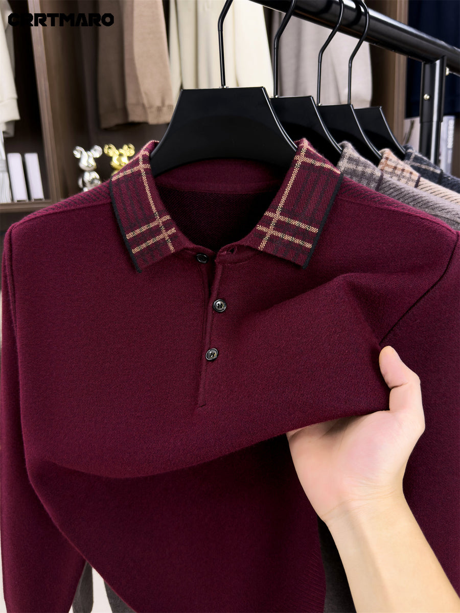 Cartmaro Autumn Winter Knit 3D Solid Color Lapel Sweater, Basic Thickened Pullover Top for Men, Fashionable Long Sleeve Knitwear - Burgundy