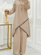 720-Spring And Summer Muslim Two-Piece Round Neck Sequined Long Sleeve Shirt Wide Leg Pants Casual Set - Light Beige