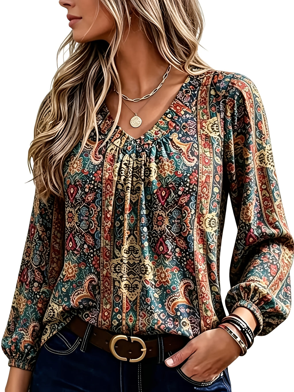 Women' Bohemian Paisley Blouse - V-Neck Ruffled Lantern Sleeve Top with Chest Wrinkle Detail, Loose Fit Ethnic Shirt Suitable for Casual & Dressy Wear, Machine Washable Blouse for Seasons - Multicolor