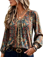 Women' Bohemian Paisley Blouse - V-Neck Ruffled Lantern Sleeve Top with Chest Wrinkle Detail, Loose Fit Ethnic Shirt Suitable for Casual & Dressy Wear, Machine Washable Blouse for Seasons - Multicolor