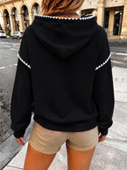 Women'S Fashion Wavy Trim Color-Block Hoodie, Women'S Fall Winter Premium Trendy Street Style Youthful Fleece Color-Block Hoodie, Casual Top, Casual Versatile Hoodie, Jacket, Pullover Shirt, Sweatshirt, Elegant - Black