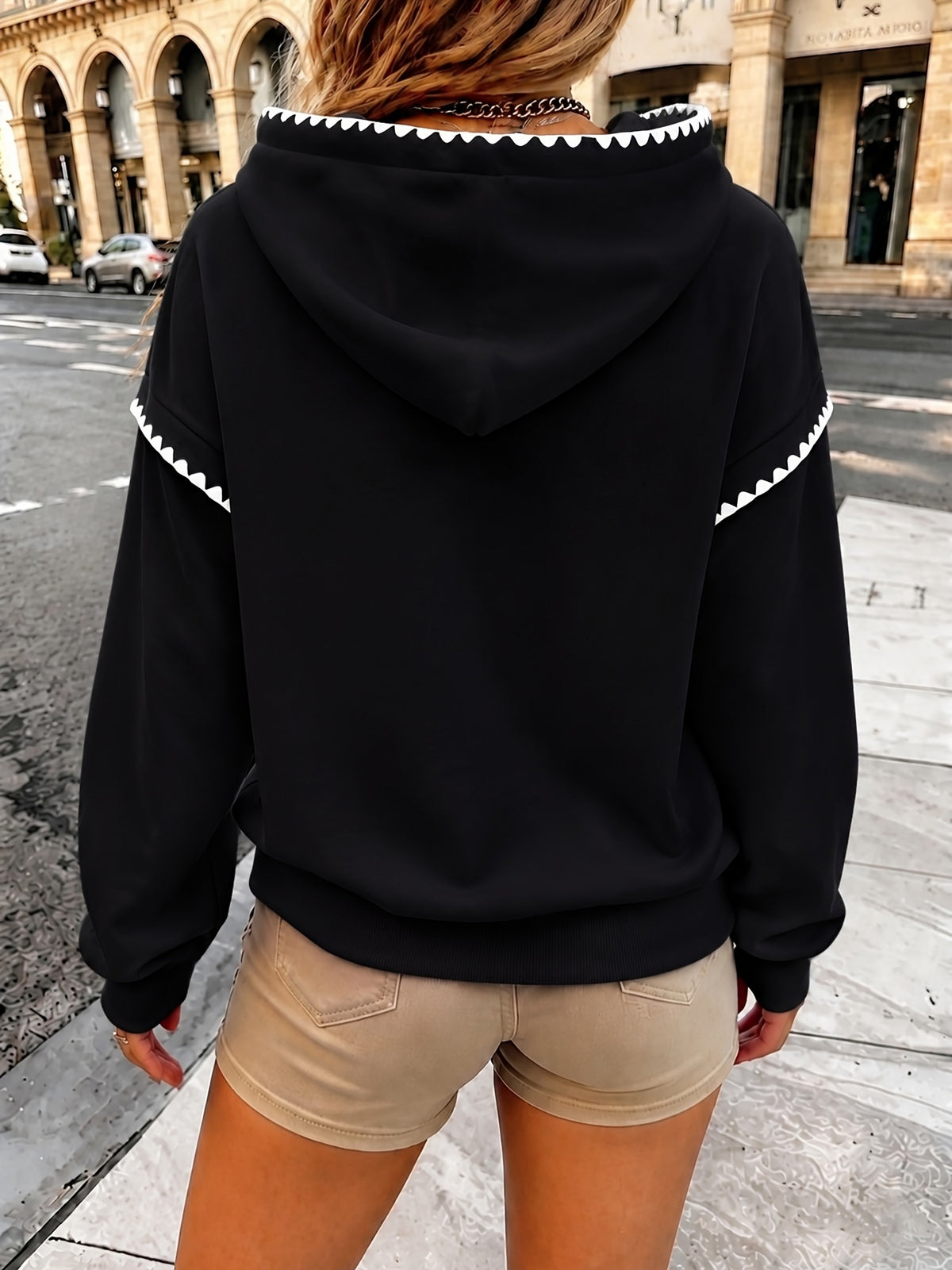 Women'S Fashion Wavy Trim Color-Block Hoodie, Women'S Fall Winter Premium Trendy Street Style Youthful Fleece Color-Block Hoodie, Casual Top, Casual Versatile Hoodie, Jacket, Pullover Shirt, Sweatshirt, Elegant - Black
