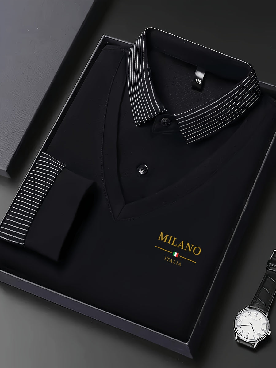 [Pearson OBM] Men'S Faux Two-Piece Long Sleeve Polo Shirt, Business Casual Style, Knit Collar V-Neck Patchwork Design with Button Placket, Ribbed Striped Cuffs And Collar, Mid-Career Men'S Business Top for Daily Gatherings And Commuting - Black