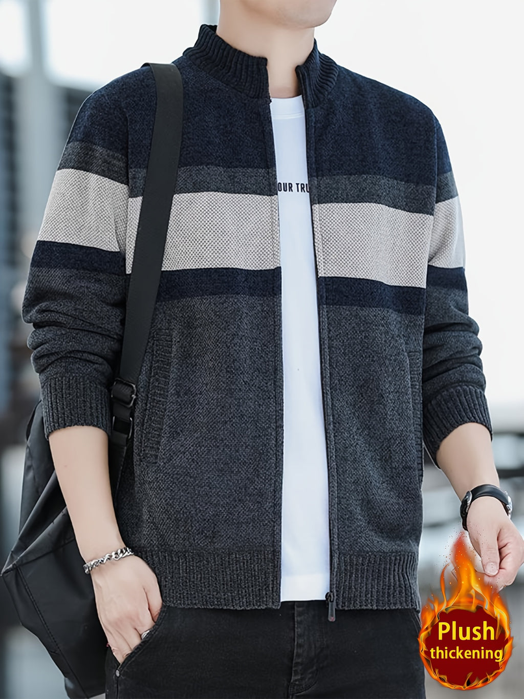 Men'S Autumn Winter Striped Contrasting Stand Up Collar, Thick Knit with Velvet, Zipper Jacket, Suitable for Autumn Winter Outdoor (Selected from Temujin) - Navy Color