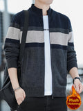 Men'S Autumn Winter Striped Contrasting Stand Up Collar, Thick Knit with Velvet, Zipper Jacket, Suitable for Autumn Winter Outdoor (Selected from Temujin) - Navy Color