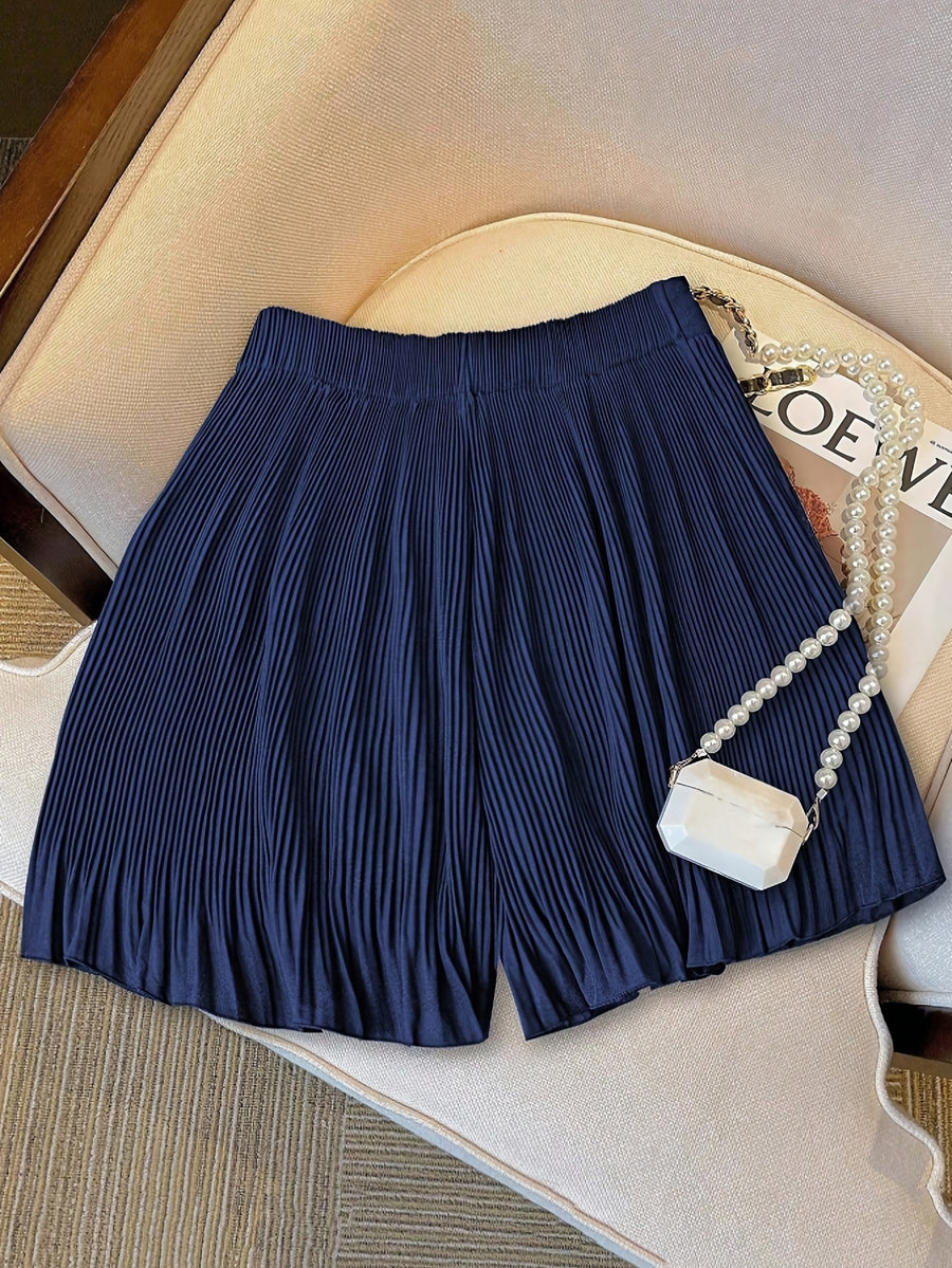 YTD Women's New Fashionable Versatile Pleated Solid Color Mini Skirt Shorts HF871 - Navy Color