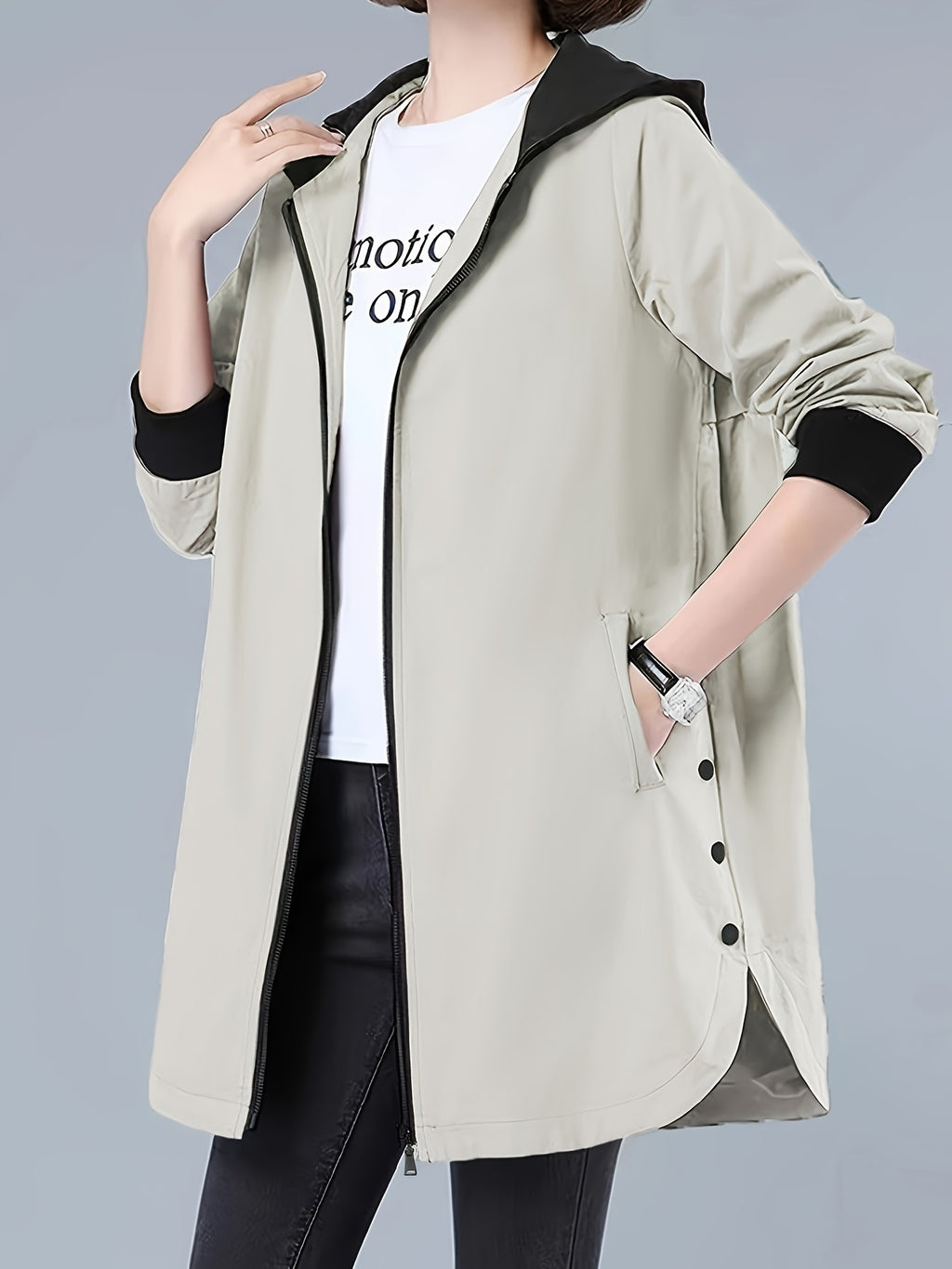 Spring and Autumn New Women's Casual Loose Coat, Exquisite Printed Color Contrasting Hoodie, Open Door Zipper Design, Elastic Ribbed Cuffs, Fashionable and Simple, Comfortable and Versatile Long Sleeve Women's Coat Suitable for Multiple Scenarios - Milky