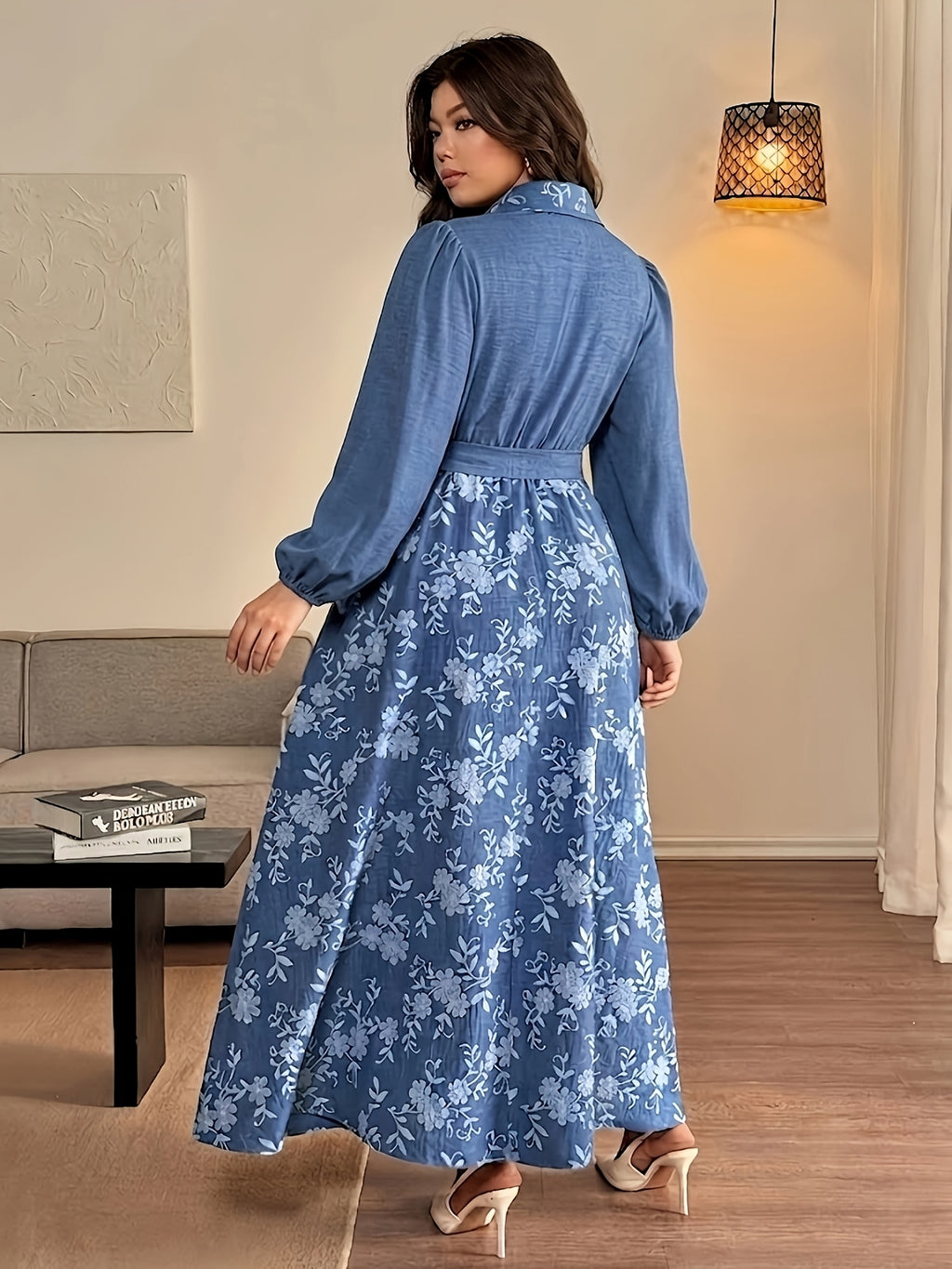 Plus Size - Summer Hot New Plus Size Women'S Casual Elegant French Belt Print Long Sleeve Dress - Bright Steel Blue