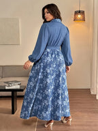 Plus Size - Summer Hot New Plus Size Women'S Casual Elegant French Belt Print Long Sleeve Dress - Bright Steel Blue