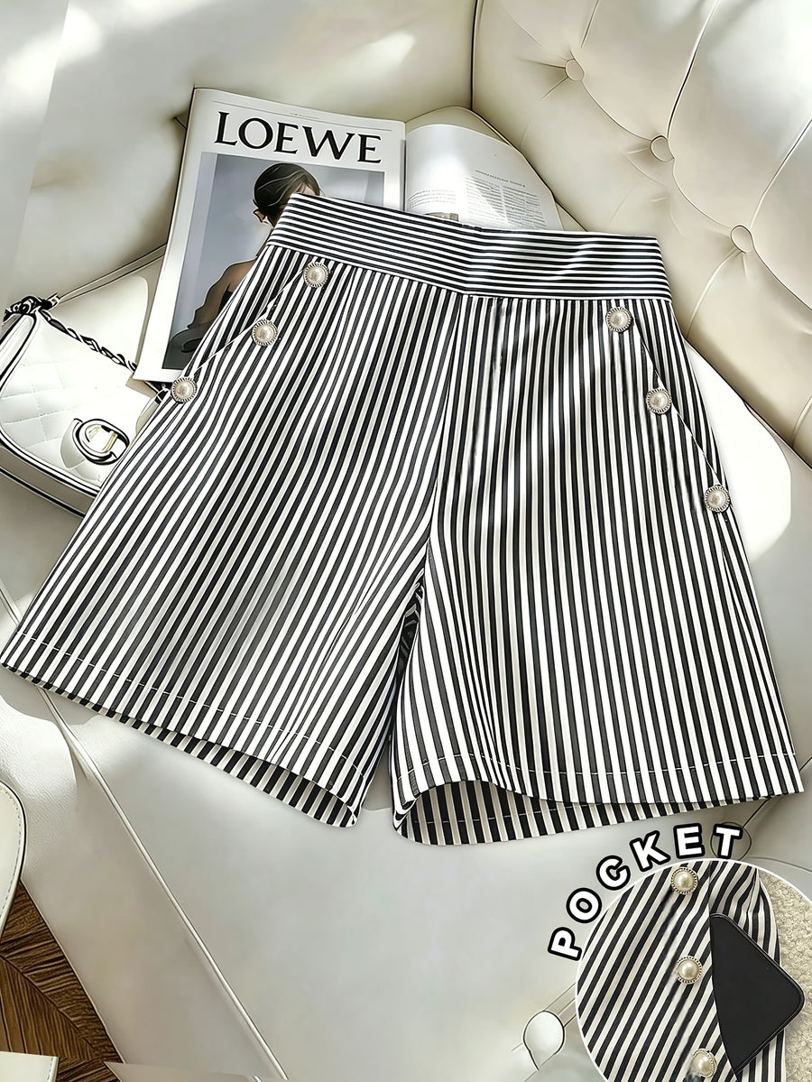 Women's Striped Button Pocket Shorts - Non-Stretch Casual Commuter Shorts with Button Closure Pockets, Striped Suitable for Spring Summer Fall, Machine Washable Shorts for Office, Casual Attire & Layering (No Elastic) - Black