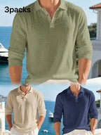 Summer Men'S 3pcs Lightweight Breathable Linen Long Sleeve Polo Shirt Solid Color Versatile Henley Button-Up T-Shirt Casual Vacation Commute Top - Green+Khaki+Blue