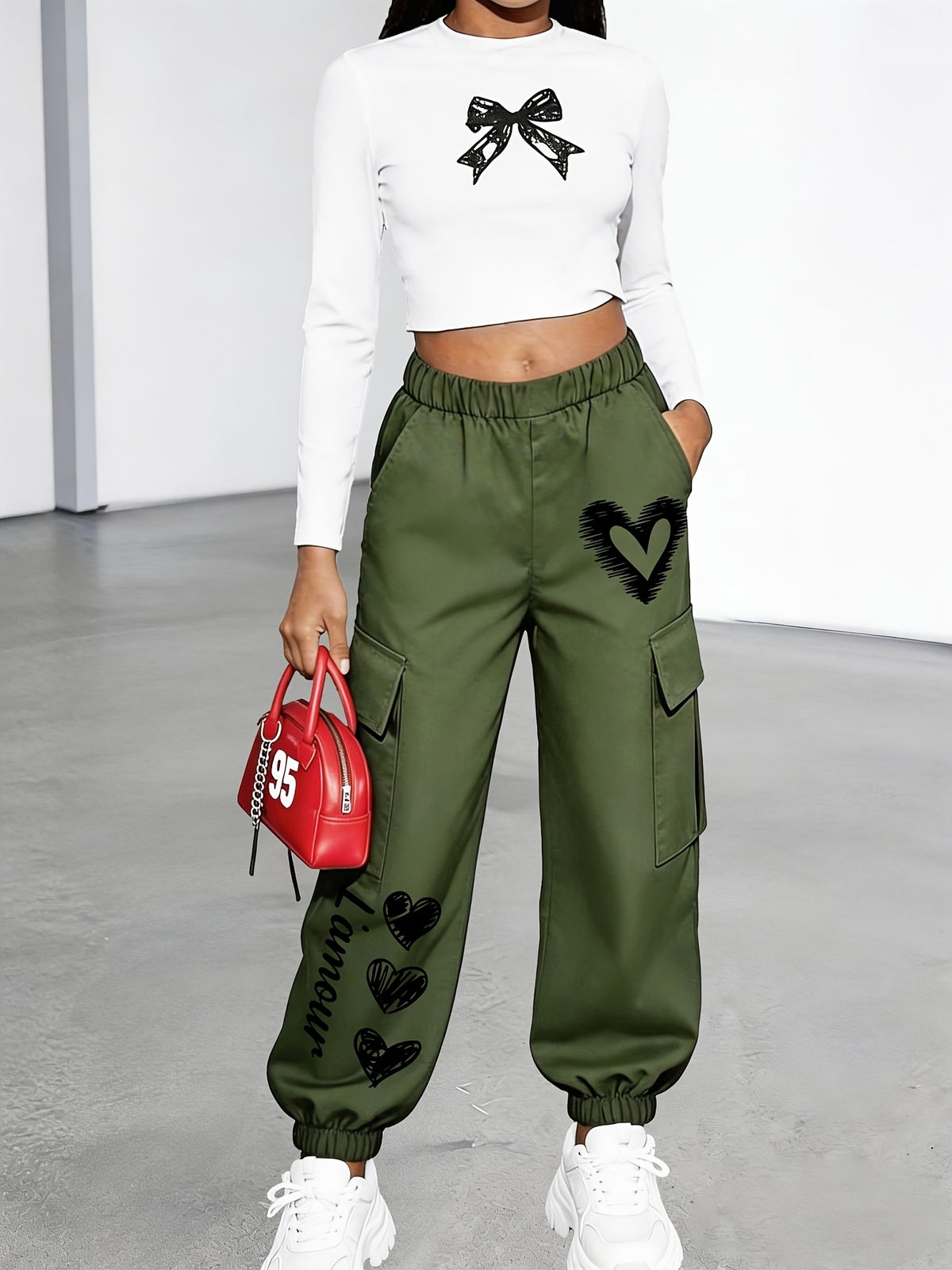 New Arrival - Women's Cargo Pants Sold Individually, Cute and Fun Heart Print Work Pants with Multiple Pockets, Cargo Pants Style, Long Pants for Fashionable Aged 18-25, Machine Washable, Durable Fabric - Suitable for Spring and Summer - fern green