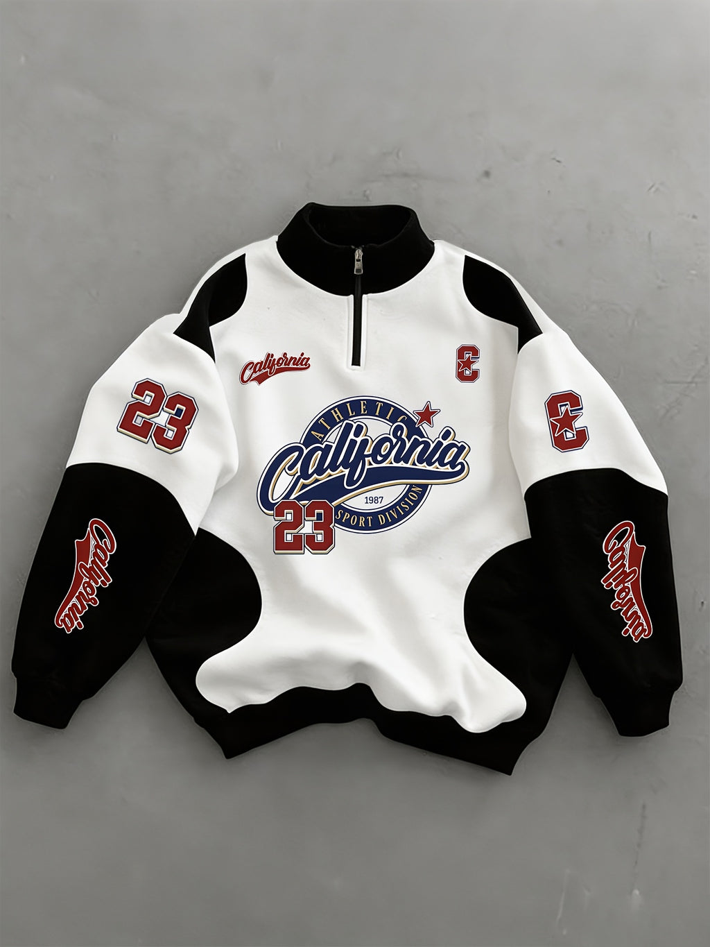 California Red and Blue No. 23 Round Badge Vintage American Black and White Colorblock Half-Zip Sweatshirt - White