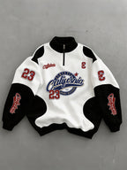 California Red and Blue No. 23 Round Badge Vintage American Black and White Colorblock Half-Zip Sweatshirt - White