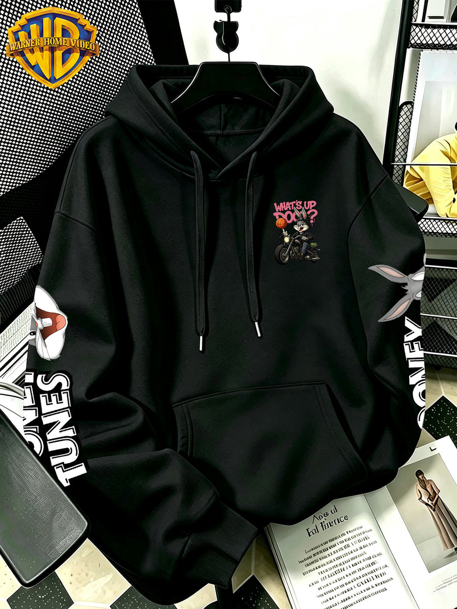 [Warner Bros] Licensed Men'S New Trendy Hoodie, Biker Motorcycle Basketball Street Cartoon Print Casual Pullover Sweatshirt, Everyday Drawstring Loose Top, Machine Washable All-Match Sports Casual Men'S Top - Black