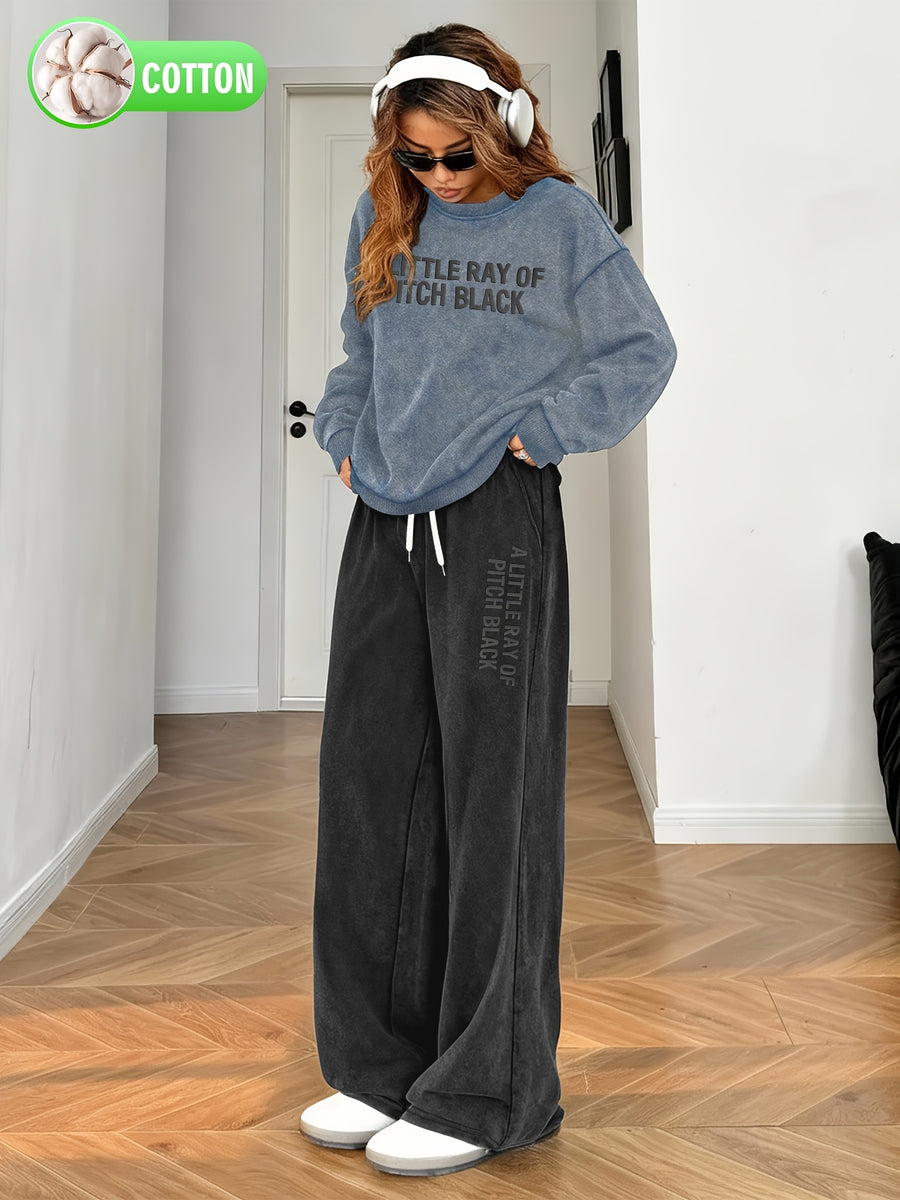 2pcs Letter Printed Streetwear Fashion Versatile, Comfortable, and Convenient, Casual, Vibrant, Y, Retro Women's Wide-leg Loose Snowflake Print Set. - Blue+Black and Gray