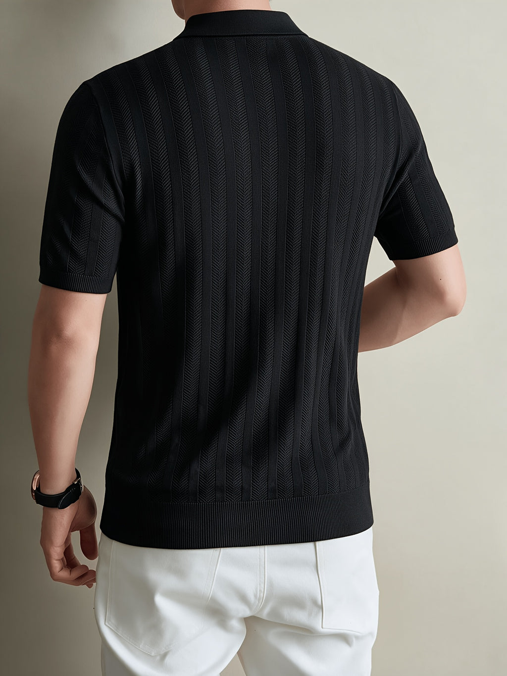 Brand Men'S Half-Zip Knitted Polo Shirt Short Sleeve Vertical Ribbed Texture Lapel Casual Summer Golf Polo Tee - Black