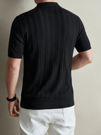 Brand Men'S Half-Zip Knitted Polo Shirt Short Sleeve Vertical Ribbed Texture Lapel Casual Summer Golf Polo Tee - Black
