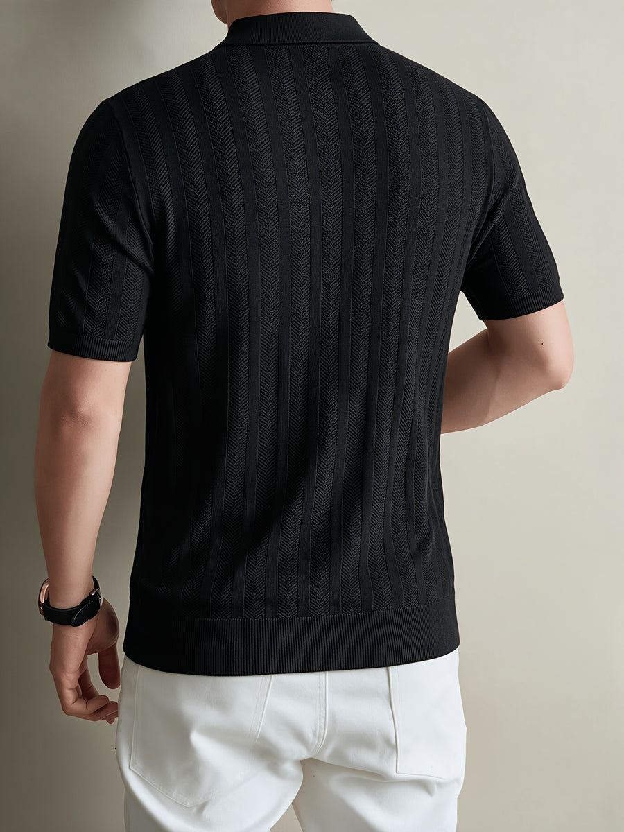 Brand Men'S Half-Zip Knitted Polo Shirt Short Sleeve Vertical Ribbed Texture Lapel Casual Summer Golf Polo Tee - Black