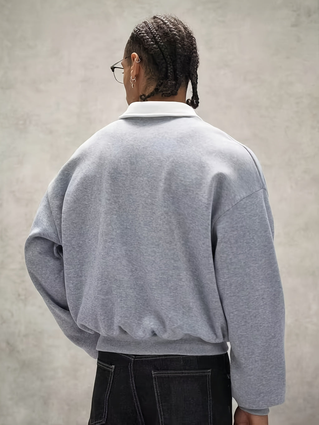 Men's Loose Fit Polo Collar Sweatshirt, Contrast Color White Collar Henley Pullover, Paris Letter Print Long Sleeve Casual Streetwear Top - Silvery Grey