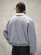 Men's Loose Fit Polo Collar Sweatshirt, Contrast Color White Collar Henley Pullover, Paris Letter Print Long Sleeve Casual Streetwear Top - Silvery Grey