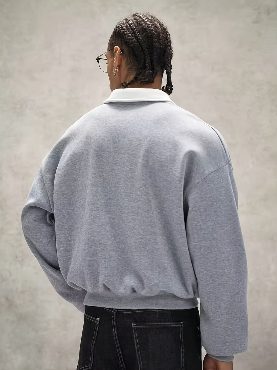 Men's Loose Fit Polo Collar Sweatshirt, Contrast Color White Collar Henley Pullover, Paris Letter Print Long Sleeve Casual Streetwear Top - Silvery Grey