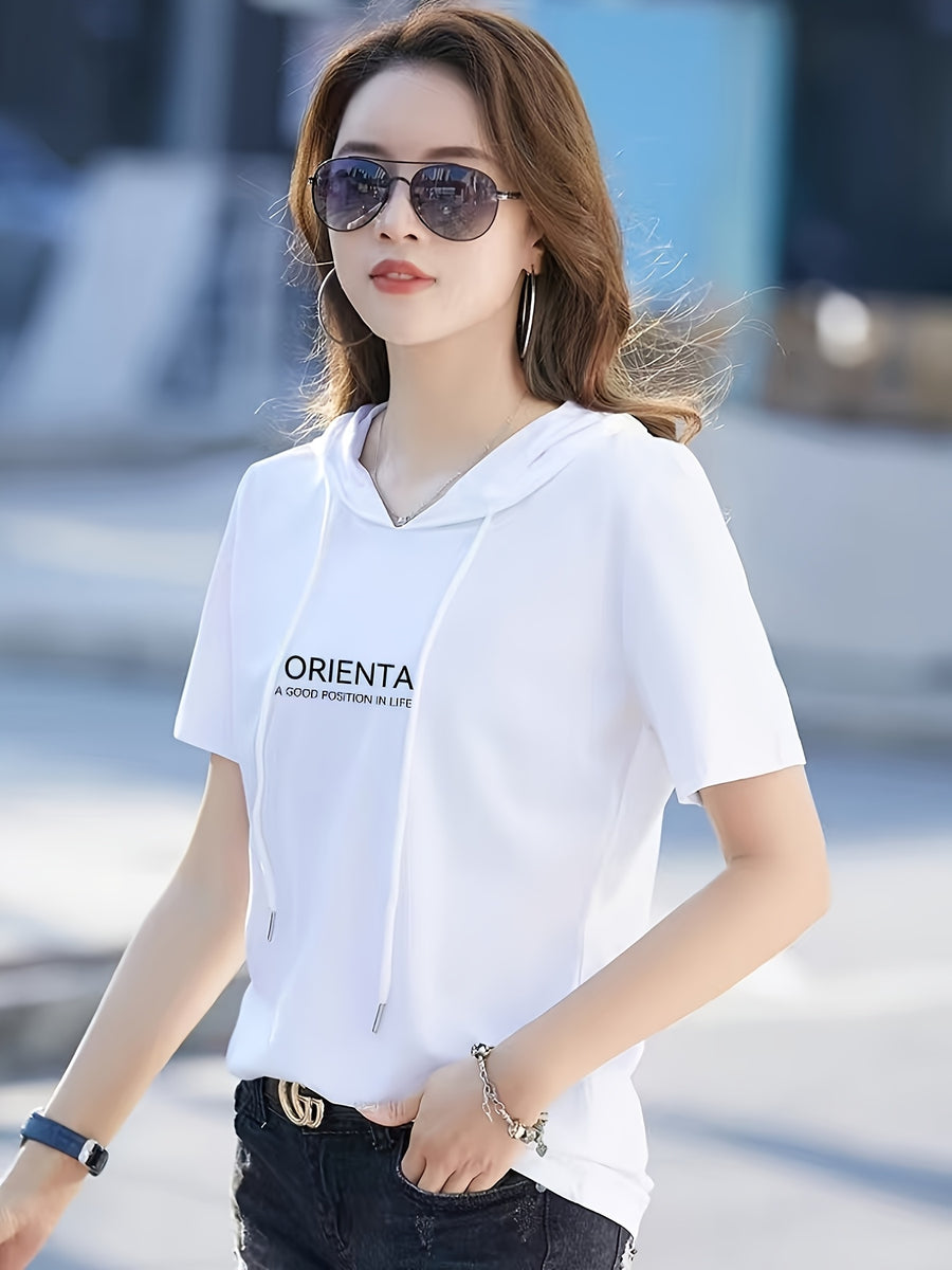 Summer New Korean Version Loose Short Sleeve Thin Trendy Printed Hooded T-Shirt Casual Drawstring Loose Short Sleeve Shirt for Women Regular - White