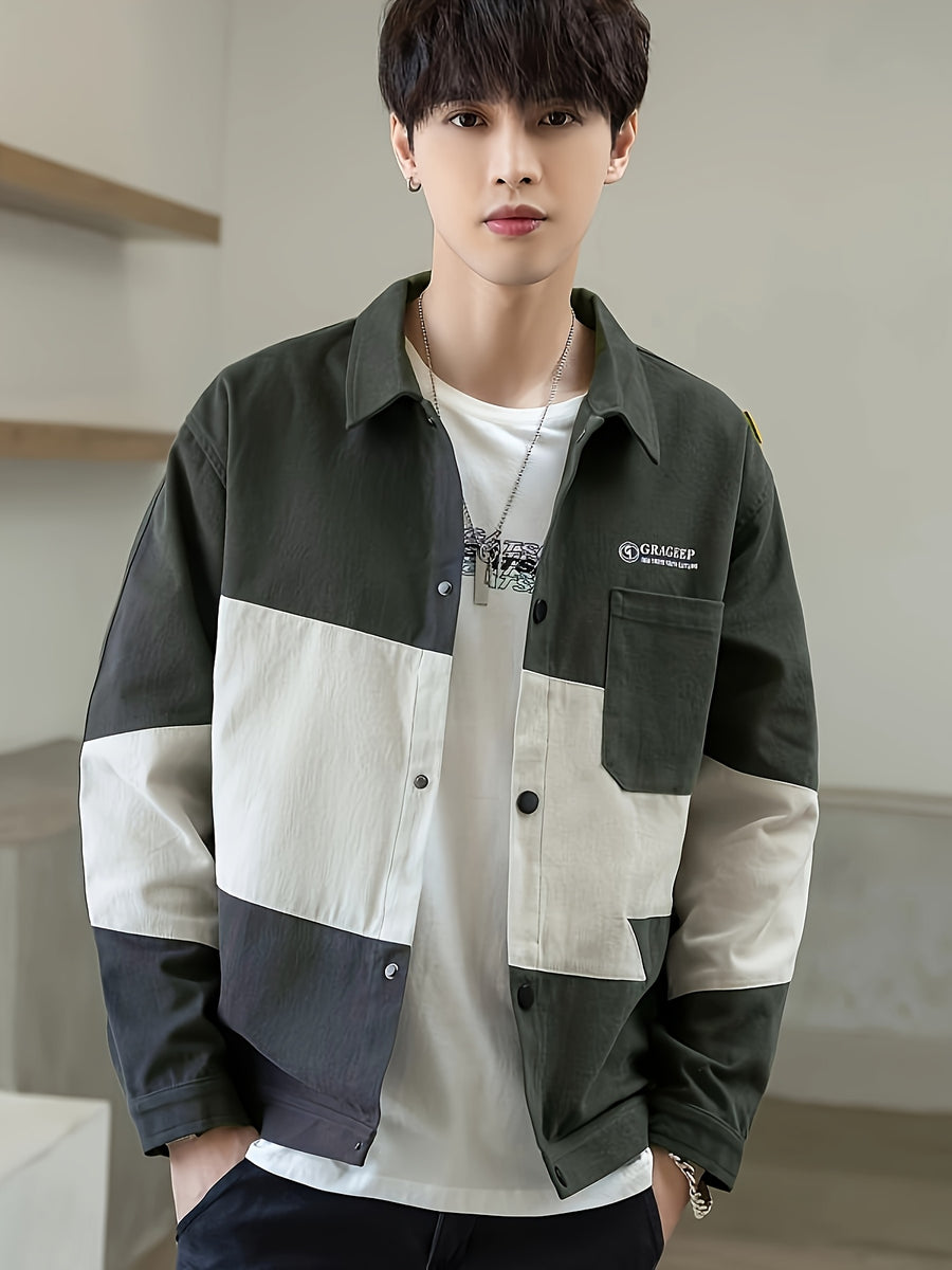 Patchwork Jacket Men'S Trendy Cool Loose Men'S Autumn Top Coat Jacket Spring Autumn Style All-Match - Dark Green